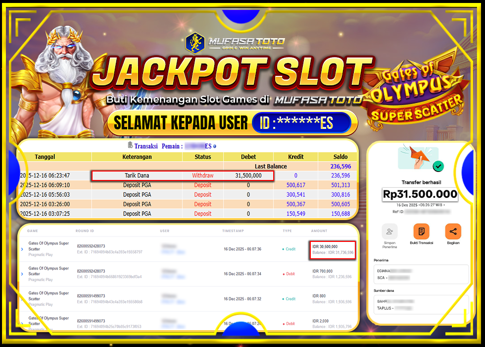 MUFASATOTO JACKPOTPRAGMATIC PLAY Rp.31.500.000|LUNAS